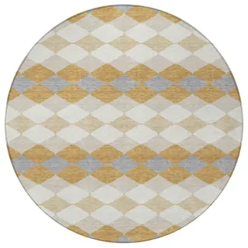 8' Gold Copper And Ivory Round Geometric Washable Indoor Outdoor Area Rug