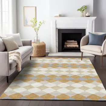 9' X 12' Gold Copper And Ivory Geometric Washable Indoor Outdoor Area Rug