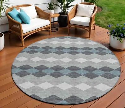 8' Gray Black And Green Round Geometric Washable Indoor Outdoor Area Rug