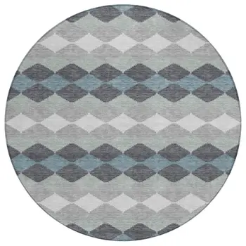 8' Gray Black And Green Round Geometric Washable Indoor Outdoor Area Rug