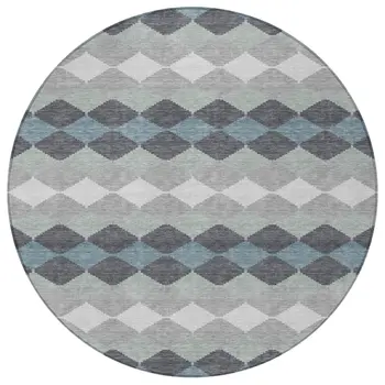 8' Gray Black And Green Round Geometric Washable Indoor Outdoor Area Rug