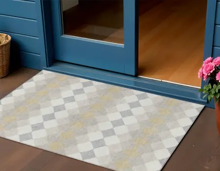 3' X 5' Ivory Gray And Gold Geometric Washable Indoor Outdoor Area Rug