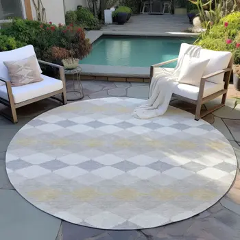8' Ivory Gray And Gold Round Geometric Washable Indoor Outdoor Area Rug