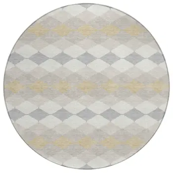 8' Ivory Gray And Gold Round Geometric Washable Indoor Outdoor Area Rug