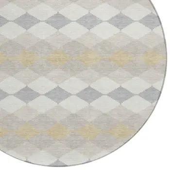 8' Ivory Gray And Gold Round Geometric Washable Indoor Outdoor Area Rug