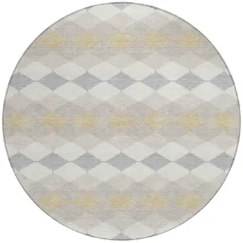 8' Ivory Gray And Gold Round Geometric Washable Indoor Outdoor Area Rug