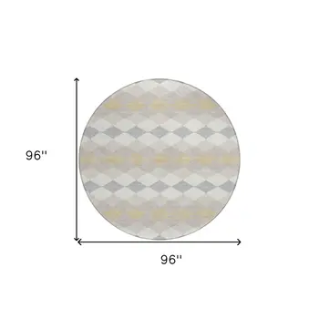 8' Ivory Gray And Gold Round Geometric Washable Indoor Outdoor Area Rug