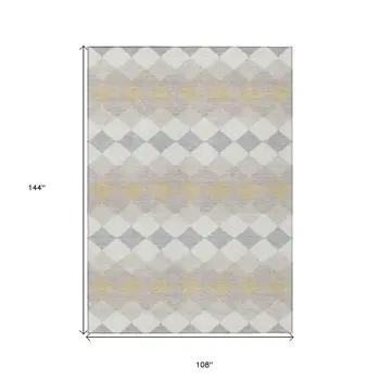 9' X 12' Ivory Gray And Gold Geometric Washable Indoor Outdoor Area Rug