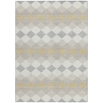 10' X 14' Ivory Gray And Gold Geometric Washable Indoor Outdoor Area Rug