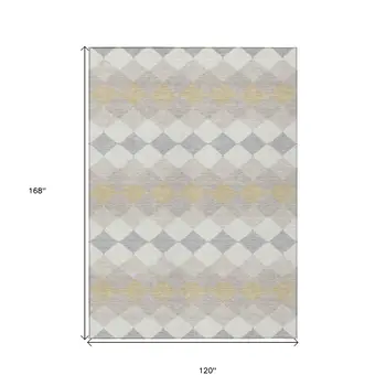 10' X 14' Ivory Gray And Gold Geometric Washable Indoor Outdoor Area Rug
