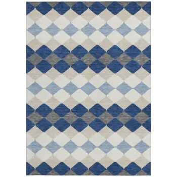 3' X 5' Navy Blue Ivory And Beige Geometric Washable Indoor Outdoor Area Rug