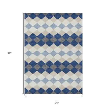 3' X 5' Navy Blue Ivory And Beige Geometric Washable Indoor Outdoor Area Rug