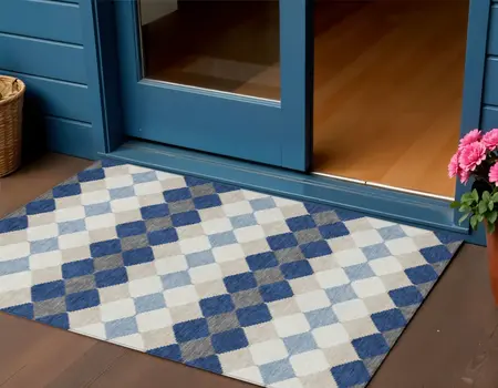 3' X 5' Navy Blue Ivory And Beige Geometric Washable Indoor Outdoor Area Rug