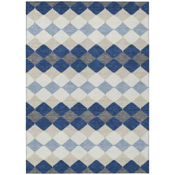 3' X 5' Navy Blue Ivory And Beige Geometric Washable Indoor Outdoor Area Rug