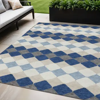 5' X 8' Navy Blue Ivory And Beige Geometric Washable Indoor Outdoor Area Rug