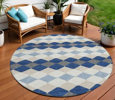 8' Navy Blue Ivory And Beige Round Geometric Washable Indoor Outdoor Area Rug