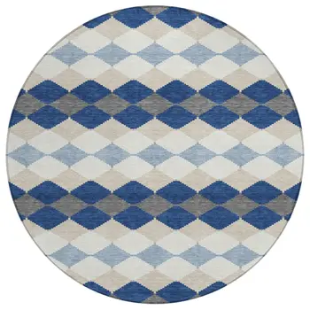 8' Navy Blue Ivory And Beige Round Geometric Washable Indoor Outdoor Area Rug