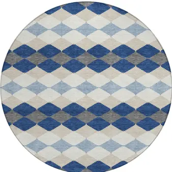 8' Navy Blue Ivory And Beige Round Geometric Washable Indoor Outdoor Area Rug