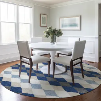 8' Navy Blue Ivory And Beige Round Geometric Washable Indoor Outdoor Area Rug