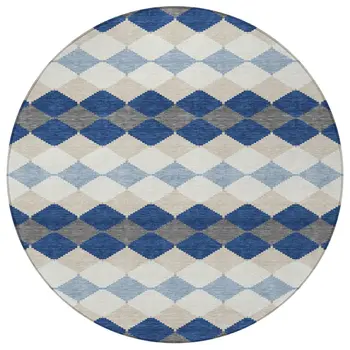 8' Navy Blue Ivory And Beige Round Geometric Washable Indoor Outdoor Area Rug