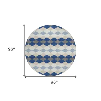 8' Navy Blue Ivory And Beige Round Geometric Washable Indoor Outdoor Area Rug