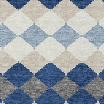 8' X 10' Navy Blue Ivory And Beige Geometric Washable Indoor Outdoor Area Rug