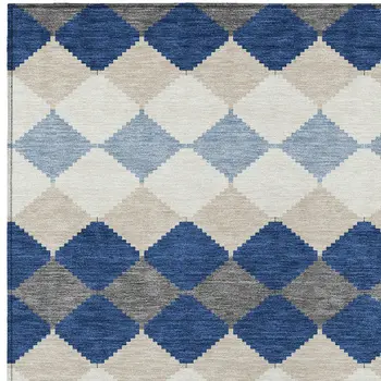 9' X 12' Navy Blue Ivory And Beige Geometric Washable Indoor Outdoor Area Rug