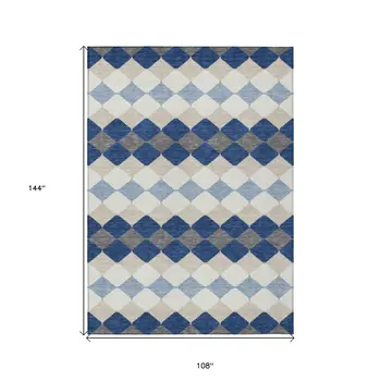 9' X 12' Navy Blue Ivory And Beige Geometric Washable Indoor Outdoor Area Rug