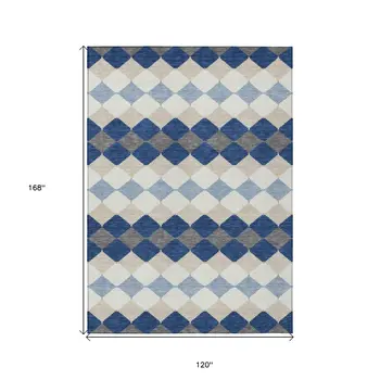 10' X 14' Navy Blue Ivory And Beige Geometric Washable Indoor Outdoor Area Rug