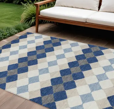 10' X 14' Navy Blue Ivory And Beige Geometric Washable Indoor Outdoor Area Rug