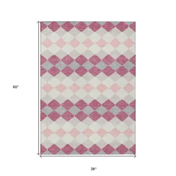 3' X 5' Pink Gray And Ivory Geometric Washable Indoor Outdoor Area Rug