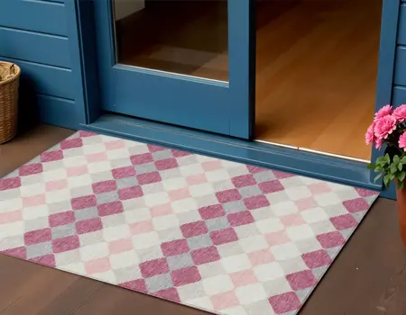 3' X 5' Pink Gray And Ivory Geometric Washable Indoor Outdoor Area Rug