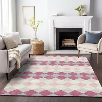 3' X 5' Pink Gray And Ivory Geometric Washable Indoor Outdoor Area Rug