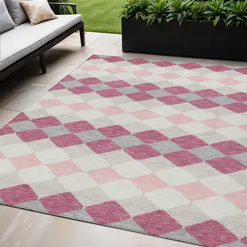 5' X 8' Pink Gray And Ivory Geometric Washable Indoor Outdoor Area Rug