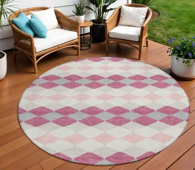 8' Pink Gray And Ivory Round Geometric Washable Indoor Outdoor Area Rug