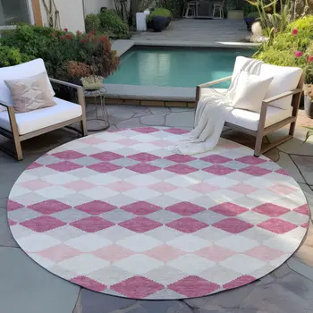 8' Pink Gray And Ivory Round Geometric Washable Indoor Outdoor Area Rug