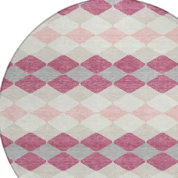 8' Pink Gray And Ivory Round Geometric Washable Indoor Outdoor Area Rug
