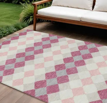 8' X 10' Pink Gray And Ivory Geometric Washable Indoor Outdoor Area Rug