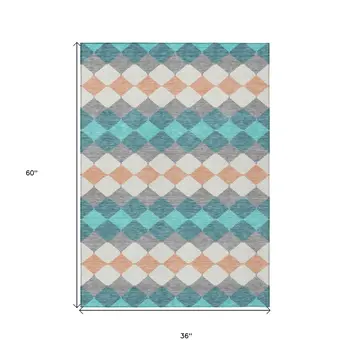 3' X 5' Teal Blue Gray And Copper Geometric Washable Indoor Outdoor Area Rug