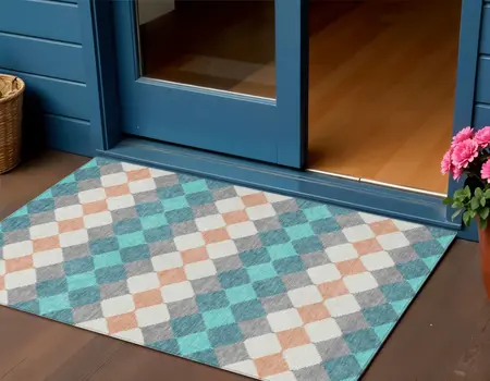 3' X 5' Teal Blue Gray And Copper Geometric Washable Indoor Outdoor Area Rug