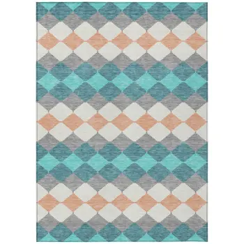 3' X 5' Teal Blue Gray And Copper Geometric Washable Indoor Outdoor Area Rug