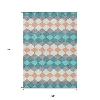 5' X 8' Teal Blue Gray And Copper Geometric Washable Indoor Outdoor Area Rug