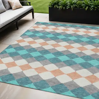 5' X 8' Teal Blue Gray And Copper Geometric Washable Indoor Outdoor Area Rug
