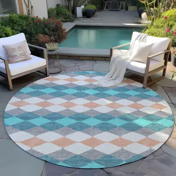 8' Teal Blue Gray And Copper Round Geometric Washable Indoor Outdoor Area Rug
