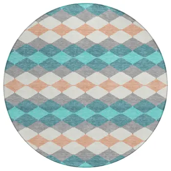 8' Teal Blue Gray And Copper Round Geometric Washable Indoor Outdoor Area Rug