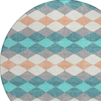 8' Teal Blue Gray And Copper Round Geometric Washable Indoor Outdoor Area Rug