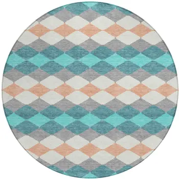 8' Teal Blue Gray And Copper Round Geometric Washable Indoor Outdoor Area Rug