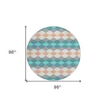 8' Teal Blue Gray And Copper Round Geometric Washable Indoor Outdoor Area Rug
