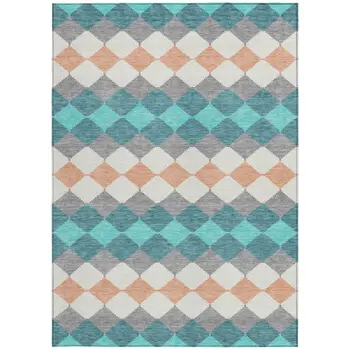9' X 12' Teal Blue Gray And Copper Geometric Washable Indoor Outdoor Area Rug