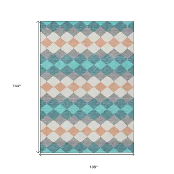 9' X 12' Teal Blue Gray And Copper Geometric Washable Indoor Outdoor Area Rug